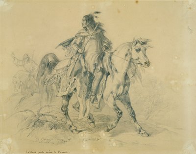 Blackfeet-Krieger zu Pferd, ca. 1833-43 (Bleistift, Feder und Aquarell auf Papier) von Karl Bodmer